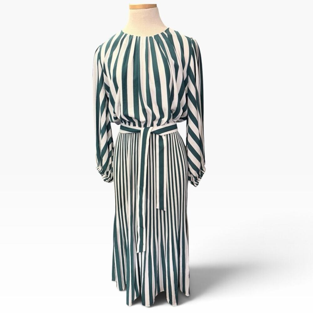 AYR Who's She Dress Pleated Skirt Belted M Green White Preppy Glamorous Career